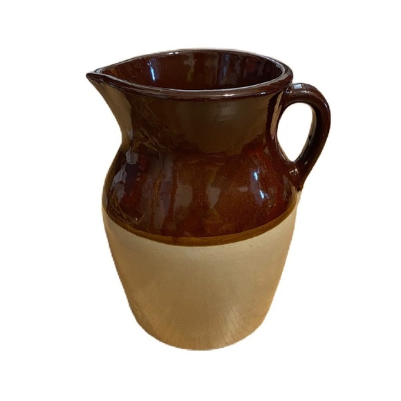 Vintage Stoneware Pottery Pitcher USA Brown Tan Crock Farmhouse Water Jug Milk - Picture 1 of 7